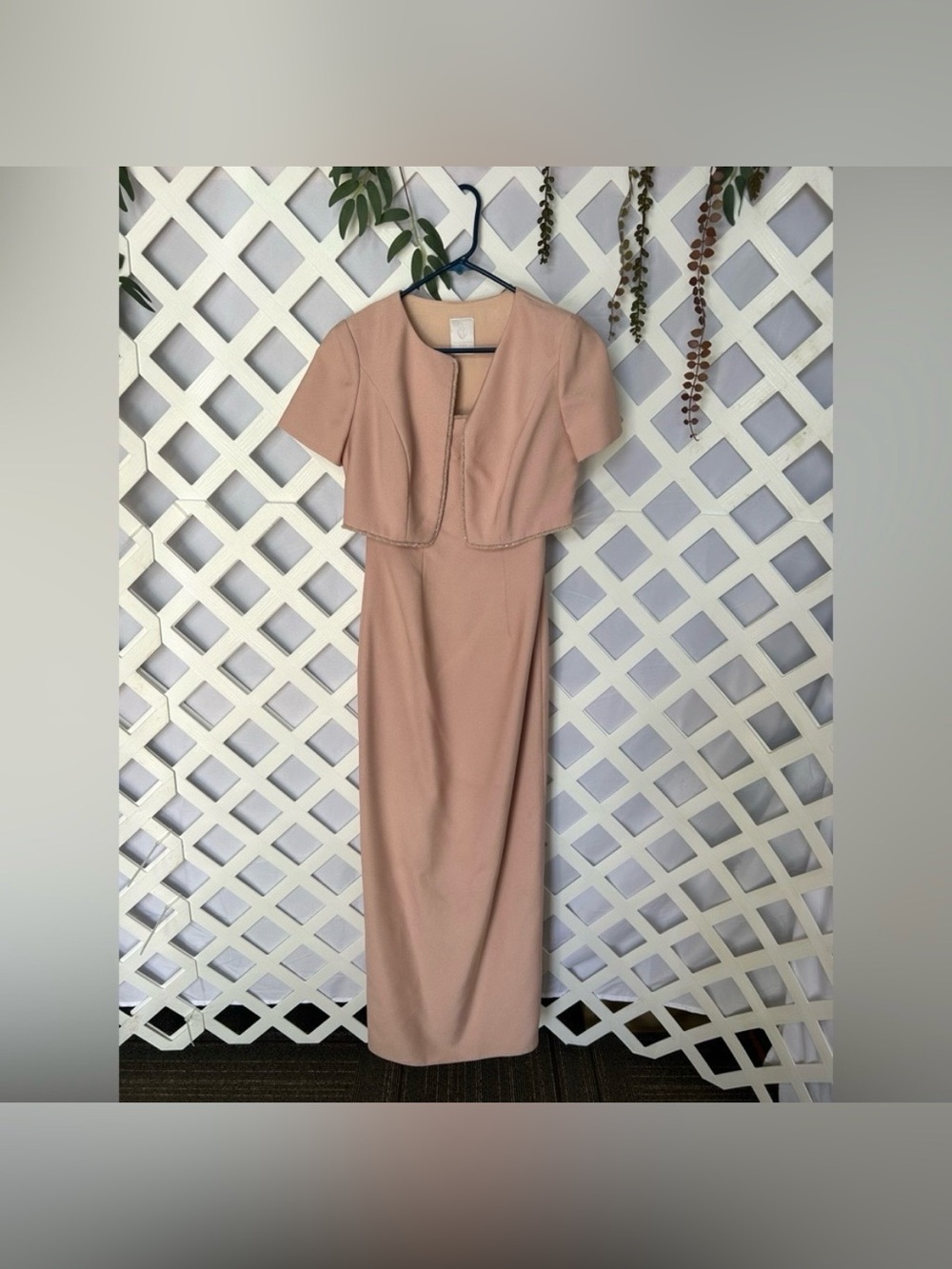 Vintage Peach Midi Dress Set Bolero Jacket Beaded Trim Formal Wedding Guest S